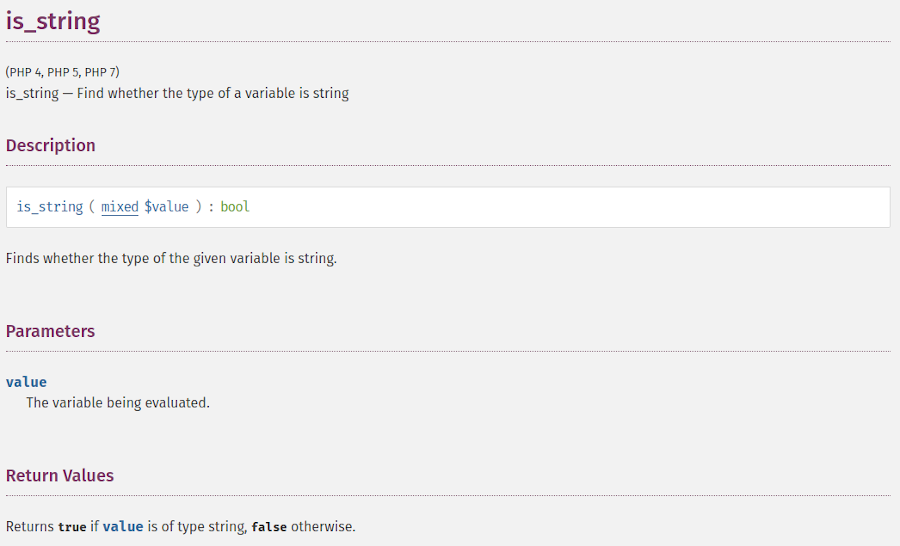 Screenshot opisu funkcji is_string w dokumentacji PHP
