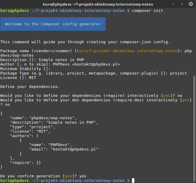 Interaktywne polecenie composer init
