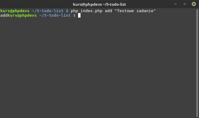 Rezultat wykonania polecenia: php index.php add &quot;Testowe zadanie&quot; po dodaniu warunku z isset