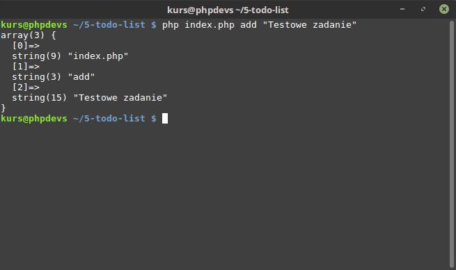 Rezultat wykonania polecenia: php index.php add &quot;Testowe zadanie&quot; z instrukcją var_dump()