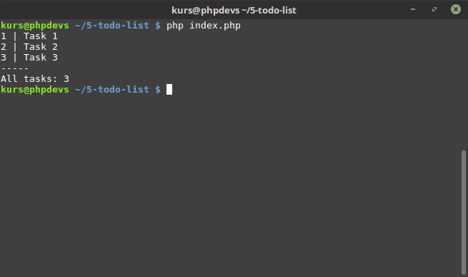 Gotowe wyświetlanie listy zadań po wydaniu polecenia: php index.php