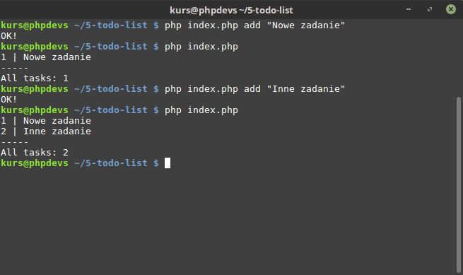 Testowanie programu poleceniami php index.php oraz php index.php add &quot;Nowe zadanie&quot;