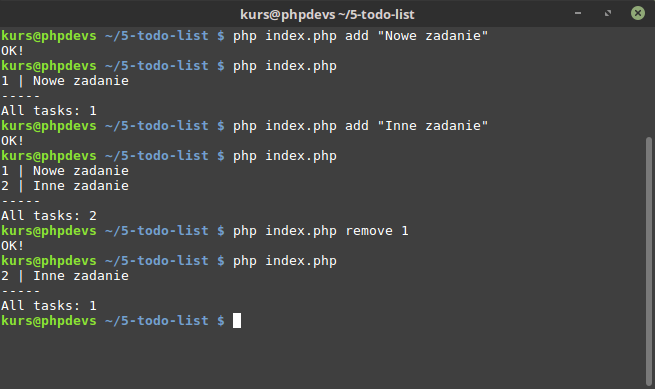 Test usuwania zadań: polecenia php index.php remove 1 i php index.php