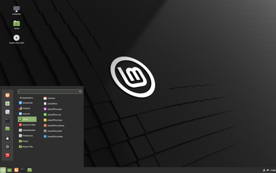 Pulpit Linuxa Mint z otwartym menu systemu i widoczną domyślną tapetą