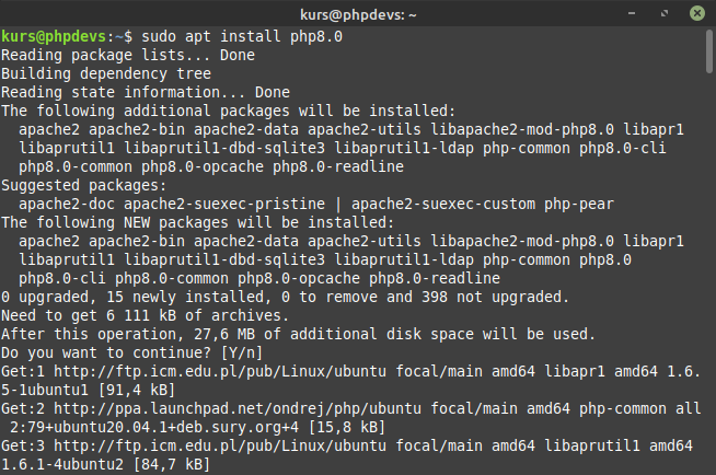 Terminal: sudo apt install php8.0