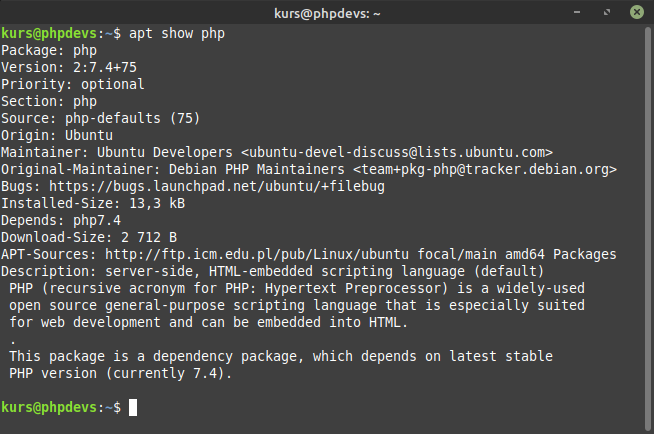 Terminal: apt show php