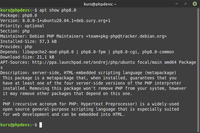 Terminal: apt show php8.0