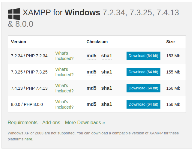 Strona pobierania programu XAMPP - lista wersji dla Windowsa