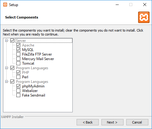Wybór składników podczas instalacji XAMPPa - zaznaczone Apache, MySQL, PHP, phpMyAdmin
