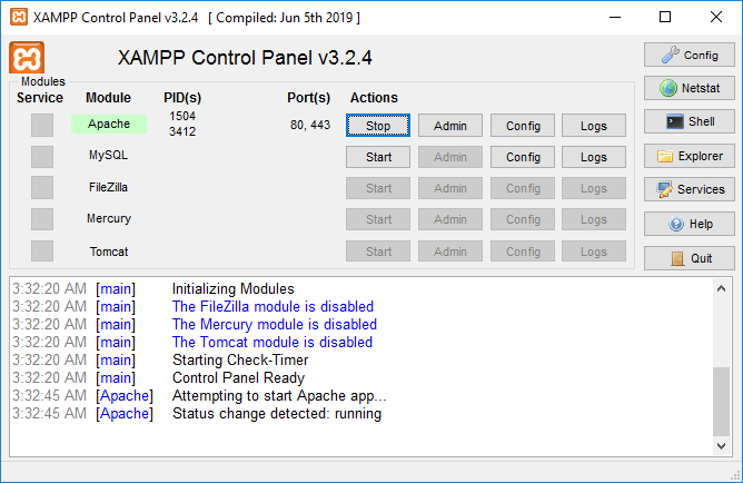 Panel kontrolny programu XAMPP - uruchomiona usługa Apache