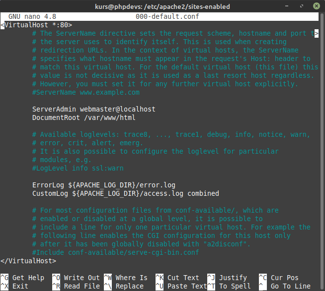 Podgląd pliku konfiguracyjnego Apache w edytorze nano